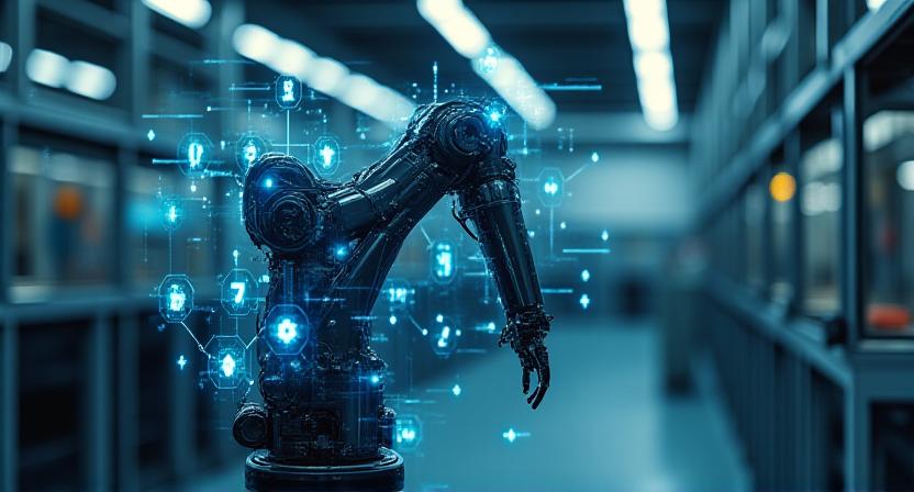 Braccio robotico industriale monitorato da sensori digitali