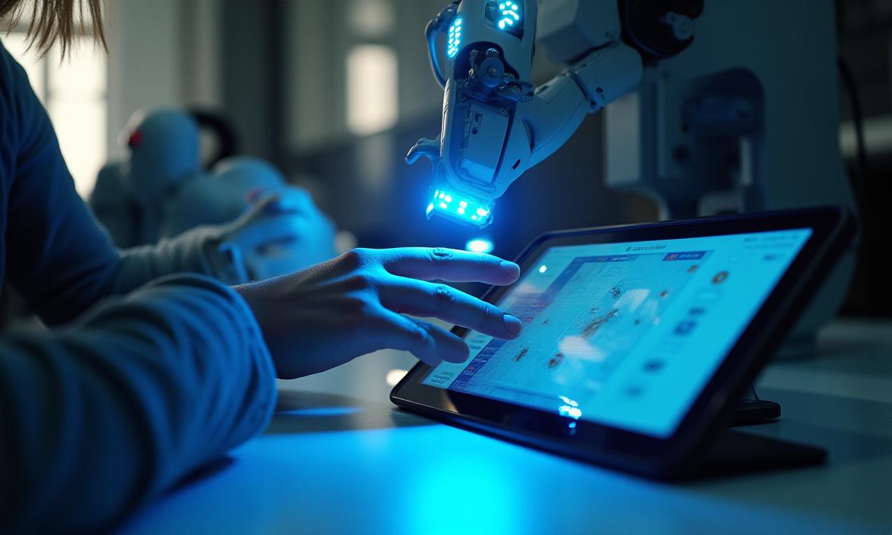 Operatore che guida manualmente un braccio robotico cobot per programmare un compito